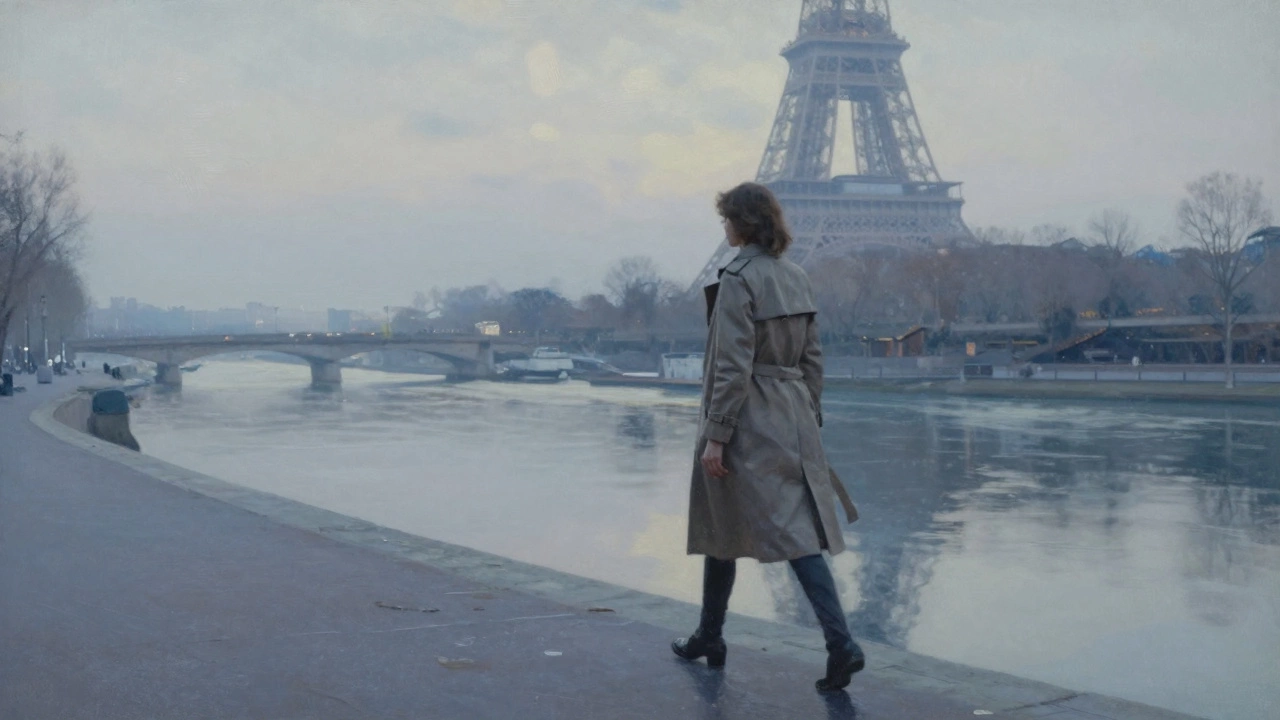 A woman walking alone along the Seine at dawn, her reflection in the water, mist rising softly around her.