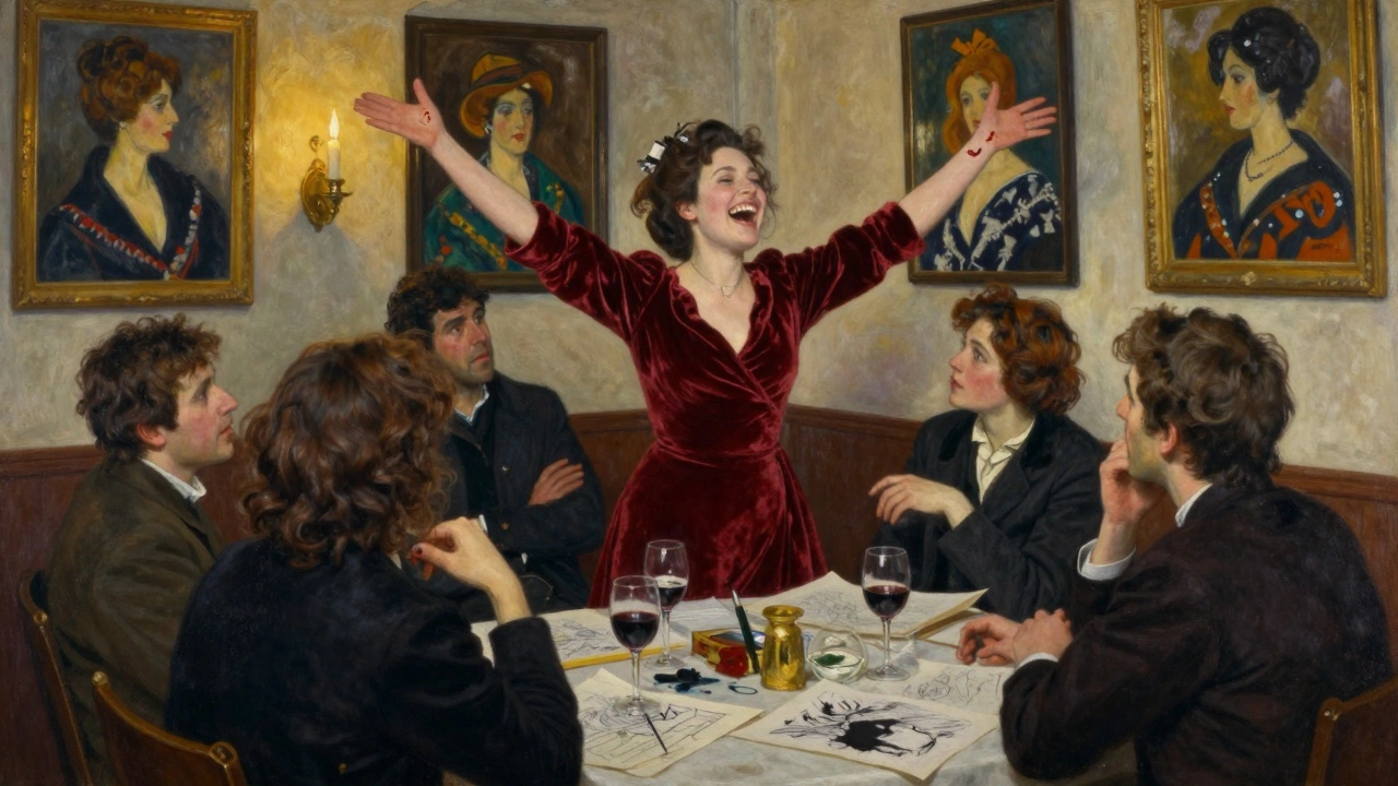 Alta Roberts laughing in her vibrant salon surrounded by artists and writers, candlelight reflecting off wine glasses and sketches.