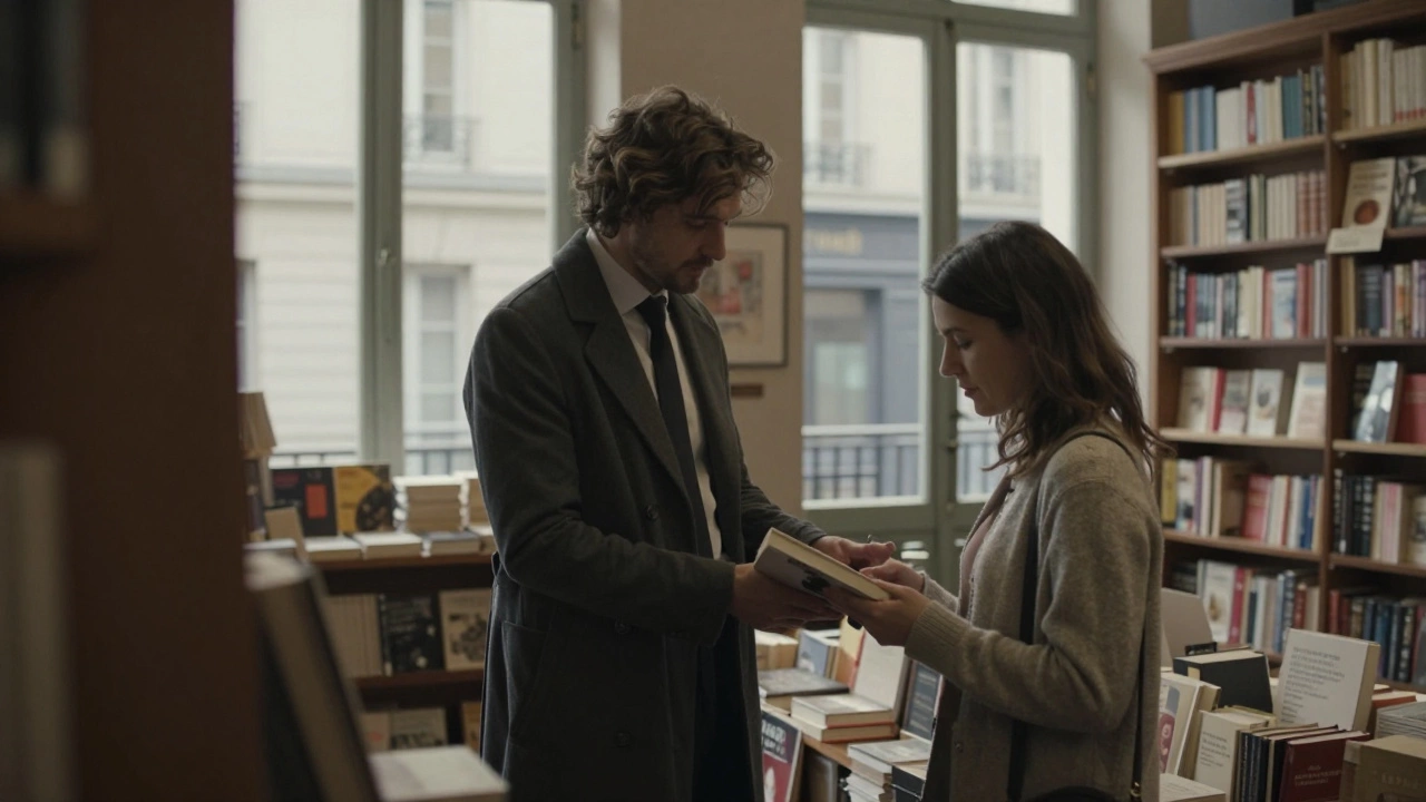 An escort recommending a book to a client in a sunlit Paris bookstore, shelves of French literature in the background.