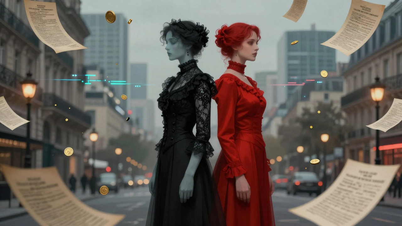 Two spectral women representing historical and modern sex workers, standing amid floating ledgers and digital pulses, symbolizing enduring agency.
